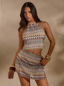 SHEIN Glamour Conjunto de 2 piezas de estilo minimalista y romántico para vacaciones, con top de mujer de halter sin espalda de ganchillo de colores, falda ajustada de mujer, adecuado para vacaciones y salidas casuales, conjunto de playa, conjunto de verano de 2 piezas para mujer multicolor de punto - Multicolor - Ver 5