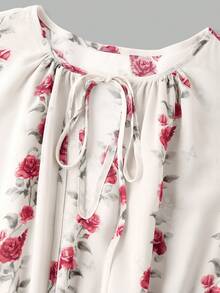 Ellevyn Women's Floral Pattern Tie Neck Long Sleeve Elegant Mid-Length Dress - Apricot - View 3