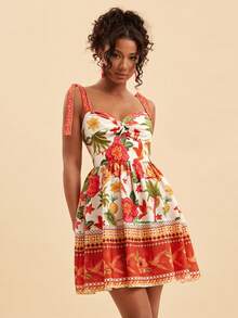 Travachic Tropical Print Twist Strap Vacation Dress,Beach Vacation Outfits, Summer Outfits For Women, Summer Dresses For Women,Suitable For Holiday , Afternoon Tea,Boho Vacation, Music Festival , Beachwear, Easter, Beach Outfits For Woman, Elegant Dress For Women, Vacation Outfits Women, Concert Outfit Women, Tropical Vacation Woman Clothes, Holiday Outfits, Bohemian Clothes,For Spring Sunmmer And Autumn,Tropical Vacation, Bohemian Outfits, Ibiza Outfits, Western Style - Red - View 3