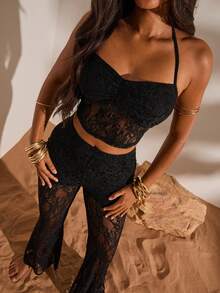 Solid Color Knit Lace Halter Neck Fitted Tank Top & Skinny Flare Pants 2 Pieces Set, For Spring/Summer Vacation Lace Two Piece Set Club Outfits For Women Lace Outfits 2 Piece Set - Black - View 3