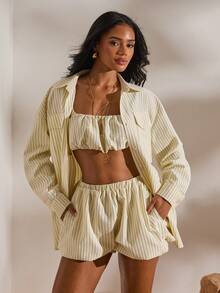 Opulessa 3pcs/Set Spring & Summer Vacation Woven Striped Loose Shirt & Camisole & Shorts Women 2 Pieces Set - Light Yellow - View 6