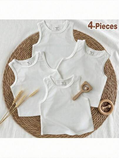 Loomiva 4pcs Baby Boy Solid Color Soft Knit Sleeveless Crew Neck Vest Set