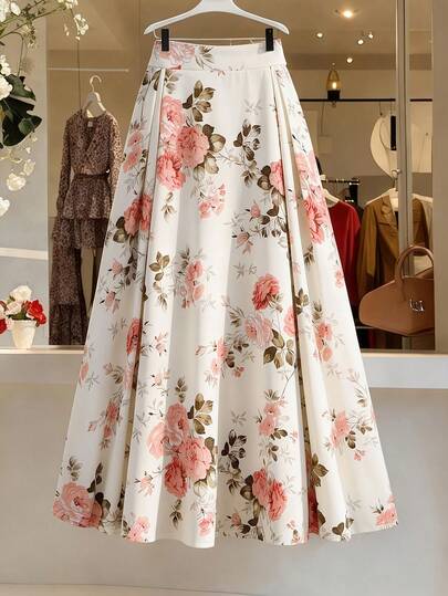 GlowEve Women's Ditsy Floral Ruched A-Line Skirt, Elastic Waist, Slimming, Versatile, Elegant For Work & Commute, Spring/Summer