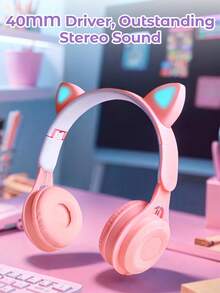 Teckwe Headphone Nirkabel Lipat Bentuk Telinga Kucing, Headphone Nirkabel Bentuk Telinga Kucing yang Berubah Warna dengan Mikrofon Terintegrasi, Kontrol Sentuh, dan Daya Tahan Baterai yang Lama - Satu-Ukuran - View 2