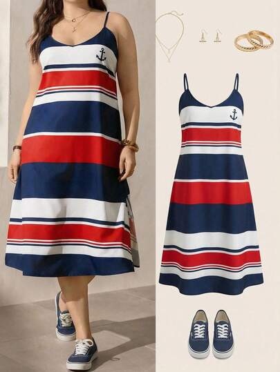 Zelara Vestido de verano de talla grande para mujer con cuello en V, largo medio y abertura lateral, vestido casual náutico