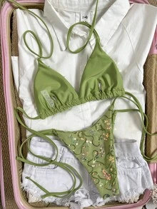 Costavie Set bikini sexy cu 2 piese, sutien triunghiular din material special, cu paiete colorate, și slip de baie cu legături laterale, set bikini sexy, primăvară/vară, model boho, set bikini verde modest, set bikini verde salvie cu legături, seturi două piese pentru femei, costum de baie camuflaj matcha, costum de baie pentru femei, două piese, bikini pentru femei, 2 piese, ținute de vară pentru femei, 2 piese - Verde măsline - Vizualizare 2