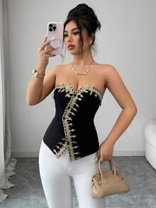 Selianne Elegantes schwarzes trägerloses Korsett mit Stickereimuster als Außenschicht. Korsett Tops Korsett Tops für Frauen Neuestes Outfit für Frauen Sexy Tops Sexy Tops für Damen Damen Korsett Laser Cut Korsett Korsett Outfit Korsett XXS Korsetts für Frauen - Schwarz - Übersicht 6