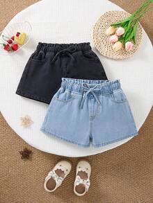 SHEIN 2件套少女时尚休闲Y2K复古酷炫街头春夏蓝色和黑色修身牛仔短裤，日常穿着，春夏锐舞节和街头服饰 - 彩色 - 查看 6
