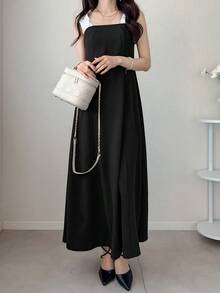 FRIFUL Women's Contrast Color Ruffle Strap Patchwork A-Line Waist Sweet Long Dress, Sleeveless For Summer Sundress Cocktail Dress - Black - View 7