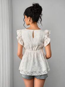 Momance Maternity Floral Embroidered Round Neck Ruffle Sleeve Fashionable Blouse,Summer Tops,Summer Outfits,White Top - Apricot - View 2