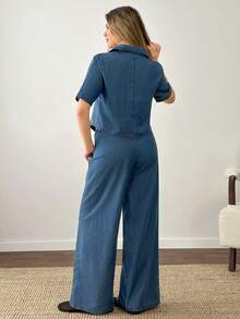 SHEIN 2 Pcs, Thin Fabric, Short Sleeve Shirts & Elastic Waist Pants, Denim Set - Medium Wash - View 2