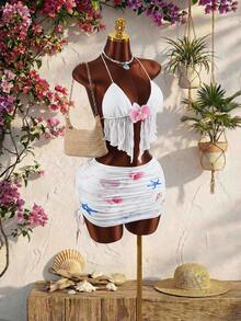 Amplova New Vacation Style Women's Sexy Backless Top With Front Tie And Asymmetrical Hem, Paired With Low-Waist Pleated Skirt Set - Multicolor - View 4