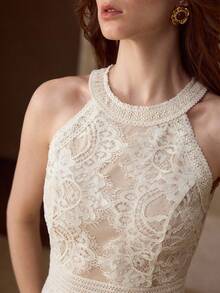 MOTF PREMIUM WOMEN'S HOLLOW LACE ROUND NECK SPLIT DRESS - Apricot - View 2