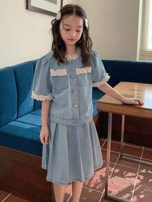 DAZY Tween Girls Denim Set, Children Lace Short Sleeve Top And Denim Skirt 2-Piece Outfit - Blue - View 7
