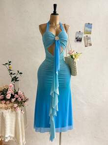 Soleia Blue Girly Summer Dresses For Women Holiday Vacation Holiday,Halter Backless Bow Tie Metal Decor Ruffle Tropical Boho Beach Wedding Guest Outfits - Multicolor - View 1