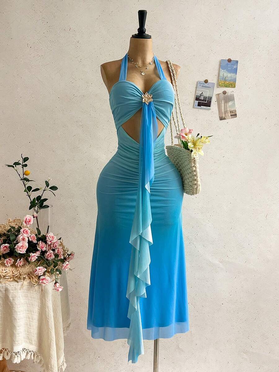 Soleia Blue Girly Summer Dresses For Women Holiday Vacation Holiday,Halter Backless Bow Tie Metal Decor Ruffle Tropical Boho Beach Wedding Guest Outfits - Multicolor - View 1
