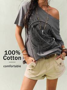 SoleilVie Camiseta casual de mujer de cuello redondo oversize con estampado, 100% algodón, tops casuales de verano para mujer, ropa de mujer, tops de vaquera para mujer, top gris estampado de hombros descubiertos - Gris - Ver 1