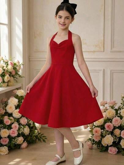 Pitira Tween Girls Sleeveless Bow Tie Solid Red Elegant Waist Midi Dress, Suitable For Flower Girl, Wedding Season, Valentine's Day, Party, Birthday, Chinese New Year