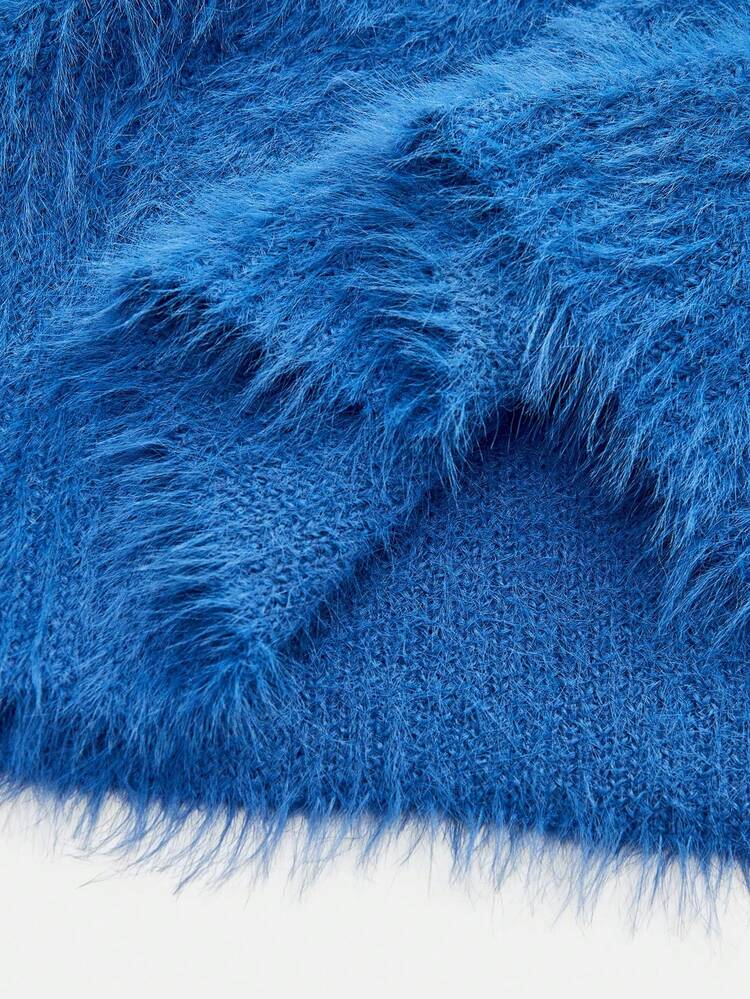 Blue Fluffy Knit Two Pieces Set With Long Sleeve Top And Fitted Midi Skirt Cosy Chic Autumn Winter