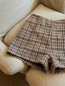 Franclia 时尚复古格子修身女式短裤 - 卡其色 - 查看 5