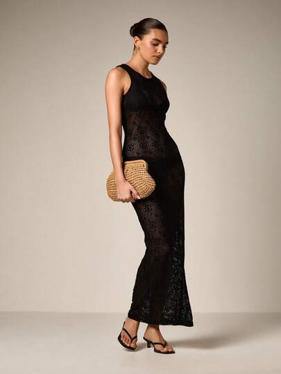 AiiRZ Vestido longo preto feminino de crochê, sem mangas, com decote nadador e trama semitransparente, ideal para festas, coquetéis, no verão, praia e resorts.