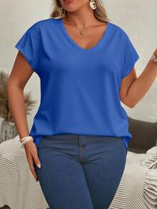 EMERY ROSE Plus Size Women's Summer Solid V-Neck Short Sleeve Casual T-Shirt Blue Tops Plus Size V Neck Tops Bright Blue Top Blue Tops For Summer - Multicolor - View 6