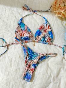 Elavelle Springbreak Women's Random Print Spaghetti Strap Sexy Bikini Swimwear Set, Summer Beachwear Outfits - Multicolor - View 2