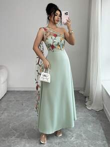 Rafferiza Women's Sophisticated Gray Green Long Dress With Asymmetrical Neck And Beautiful Floral Plant Pattern For Special Occasions - Gray green - View 4