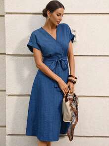 Women's Regular Apricot V-Neck Tie-Up Linen Dress  Spring/Summer Beach Spring Summer Outfits Hides Belly - Blue - View 5
