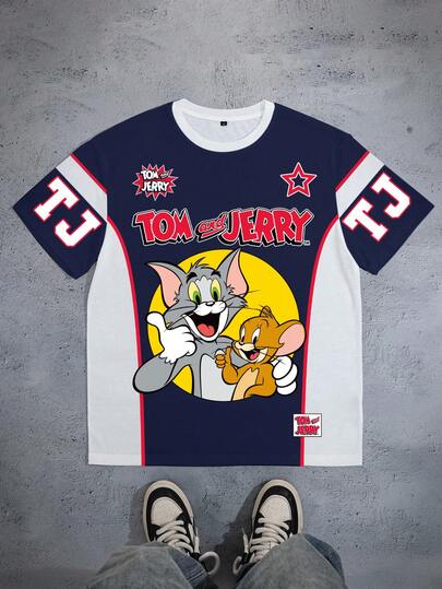 TOM & JERRY X SHEIN Camiseta de manga corta casual de hombre con estampado de letras de dibujos animados divertidos y contraste de colores, para verano