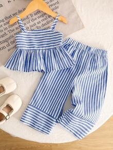 SHEIN Young Girl Casual Vacation College Commute Street Style Camisole Patchwork A-Line Woven Striped Top & Matching Patchwork Wide Leg Long Pants Set Young GirlS - Blue and White - View 9