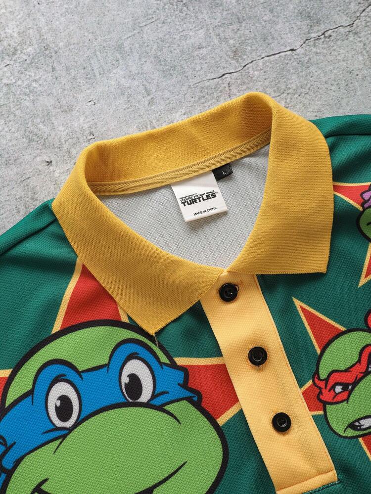 TEENAGE MUTANT NINJA TURTLES | SHEIN 男士字母卡通印花休闲百搭通勤短袖Polo衫 - 彩色 - 查看 3