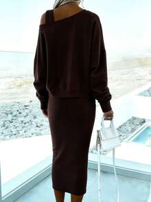 INAWLY 2pcs Women's Set: Solid Color Drop Shoulder Long Sleeve Sweatshirt And Sleeveless Dress - Coffee Brown - View 2