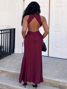 Alexandranx Elegantes langes Abendkleid für Damen mit Langarm, hohem Kragen, rückenfreiem Design und Metallschnallen-Dekor, in Burgunderrot und Ziegelrot erhältlich, aus elastischem Strickstoff gefertigt, geeignet für Cocktailpartys, romantische Dates, Herbst-/Wintermode, Hochzeiten, Brautjungfern, formelle Anlässe, Halloween, Weihnachten - Bordeaux - Übersicht 2