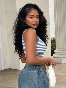 Alexandranx 女款條紋印花夏季細肩帶背心上衣 - 藍色 - 查看 4