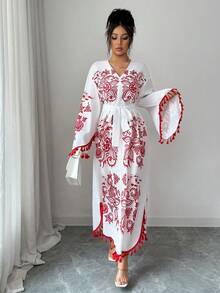Elenzga Eastern European Retro Print Red & White Contrast Fringe Trim V-Neck Cinched Waist Maxi Dress, Vacation Style - Red and White - View 4