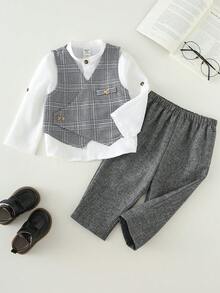 SHEIN 3件套幼儿男童时尚休闲绅士套装，白色长袖衬衫、格子背心和裤子，适合婴儿派对、优雅婚礼宾客、花童、戒指童等场合。 - 灰色 - 查看 5