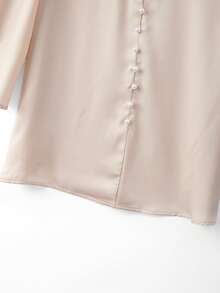 GlowEve Women's Champagne Satin Round Neck Ruffle Trim Pearl Beaded Long Sleeve Loose Elegant Blouse, Spring/Summer - Champagne - View 7