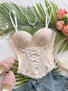 Soleia Women Lace-Up Camisole, Fitted Versatile Daily Wear Top - Apricot - View 3