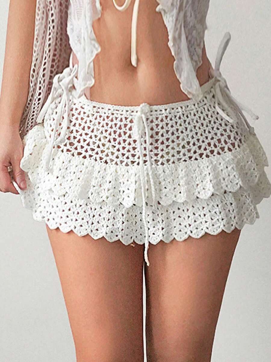 Sweetina Women's Double-Layer Ruffled Hollow-Out Knit Skirt - White - View 1