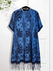 Rusticease 大码女式夏季花卉印花流苏拼布和服 - 藍色 - 查看 6