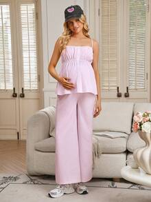 GentleRue Maternity Maternity Striped Camisole Top + Adjustable Waist Pants 2 Pieces Set, Summer, - Pink - View 5