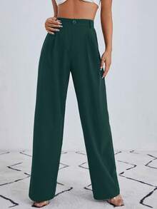 EURMUSE Solid Wide Leg Suit Pants - Green - View 5