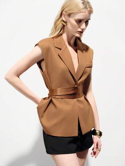 Aveloria Modichic 卡其拿铁色无袖宽肩翻领奢华休闲优雅收腰女式西装外套