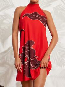 Amorya 女士优雅度假风系带蝴蝶结印花A字迷你连衣裙，适合度假、外出、约会、通勤及多种场合。 - 彩色 - 查看 6