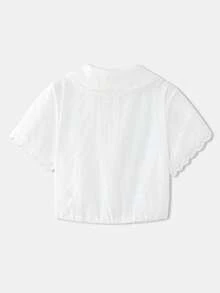 lacRébo 白色棉质复古刺绣短款衬衫，彼得潘领，腰部系带，春夏棉质上衣，春夏度假办公室法式巴黎风优雅上衣，白色棉质衬衫 - 米色 - 查看 7