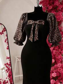 Rometta Plus Size Women's Summer New Leopard Print Patchwork Square Neck Slimming Bow Decor Fashion Elegant Sophisticated Sexy Long Dress, Suitable For Daily Casual, Commute, Shopping - Multicolor - View 7