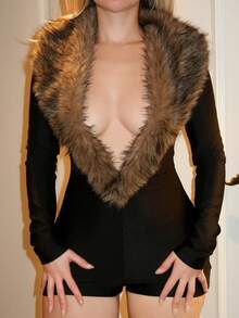 Turnttoni 毛领拼接深V领长袖紧身连体裤 - 黑色 - 查看 3