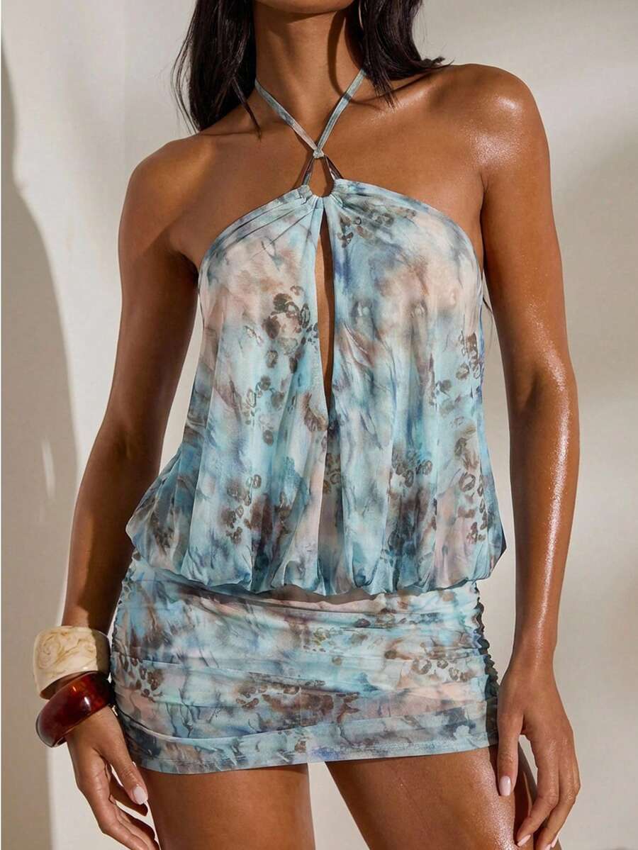 Opulessa 女士极简印花迷你连衣裙 - 淺藍色 - 查看 1