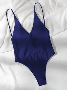 Swim Basics 纯色露背吊带连体泳衣，适合度假和海滩穿着 - 藏蓝色 - 查看 5